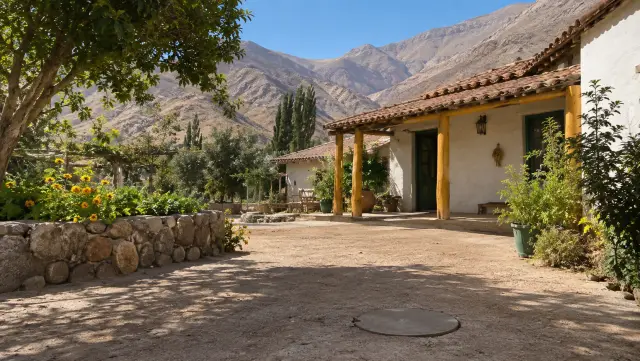 Casa de adobe con corredor en el valle de Elqui, cerros áridos y la tapa de la cámara en el patio de tierra