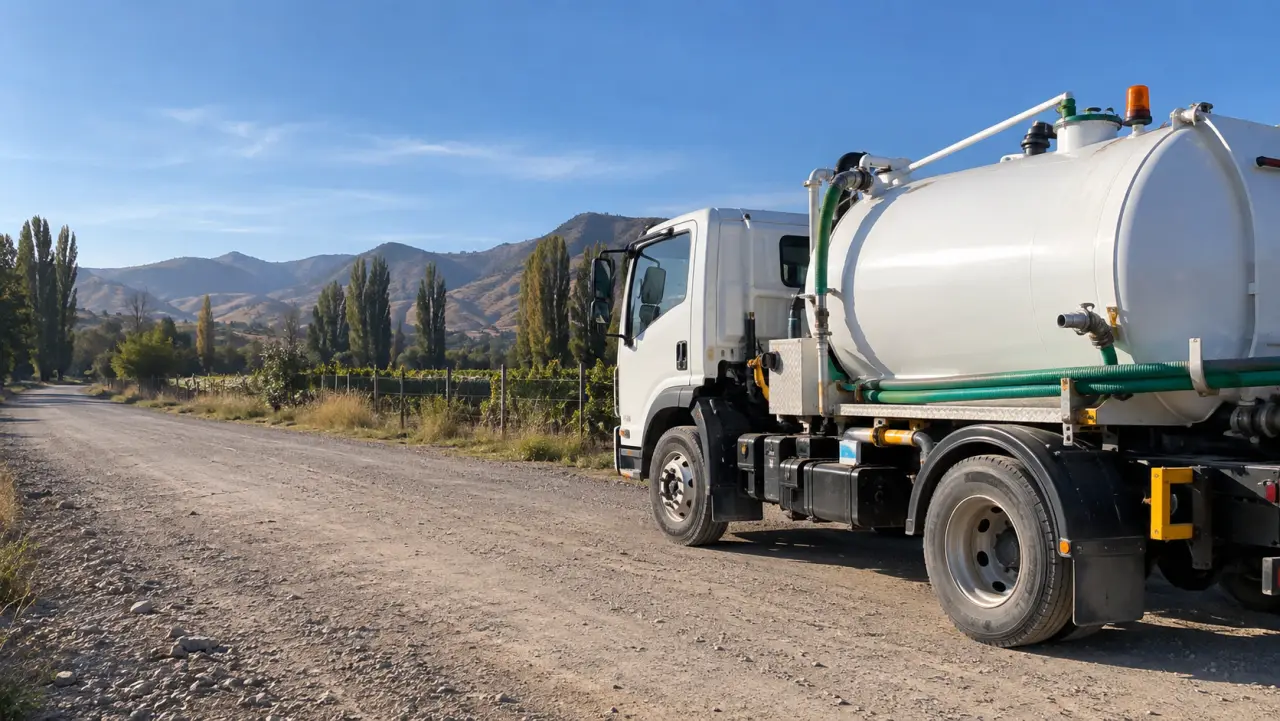 Camión limpia fosas blanco en un camino de ripio entre parcelas y álamos, con cerros al fondo