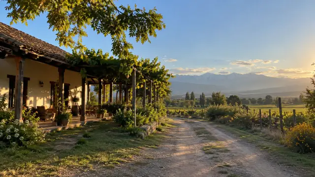 Casa rural del Maule con parrón y camino de tierra, con la cordillera al atardecer