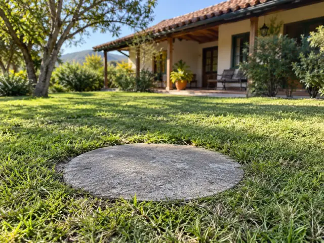 Tapa redonda de hormigón de una fosa al ras del pasto, frente a una casa de campo con corredor